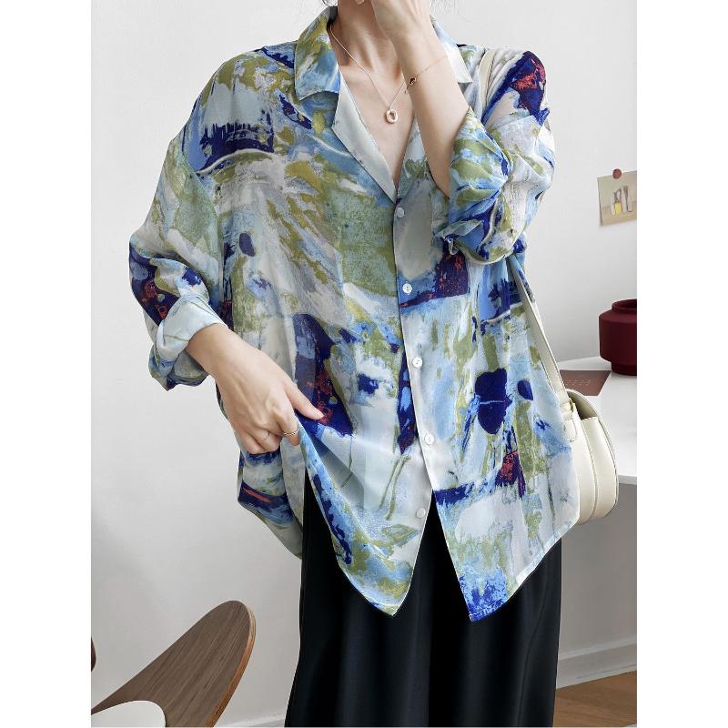 

Early Autumn 2020 New Vintage Lazy Style Printing Loose Chiffon Shirts Long Sleeve Womens tops and blouses streetwear, Orange