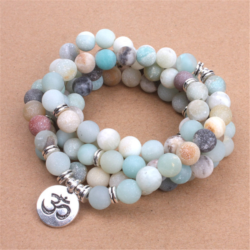 

Fashion Women`s Bracelet Matte Frosted Amazonite Beads With Lotus OM Buddha Charm Yoga Bracelet 108 Mala Necklace Dropshipping