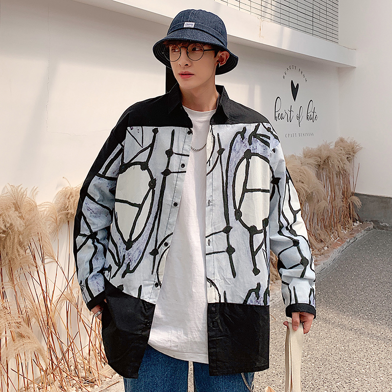 

2019 Autumn And Winter College Wind Korean Version Of The Couple Fashion Trend Graffiti Men's Casual Long-sleeved Shirt, Black