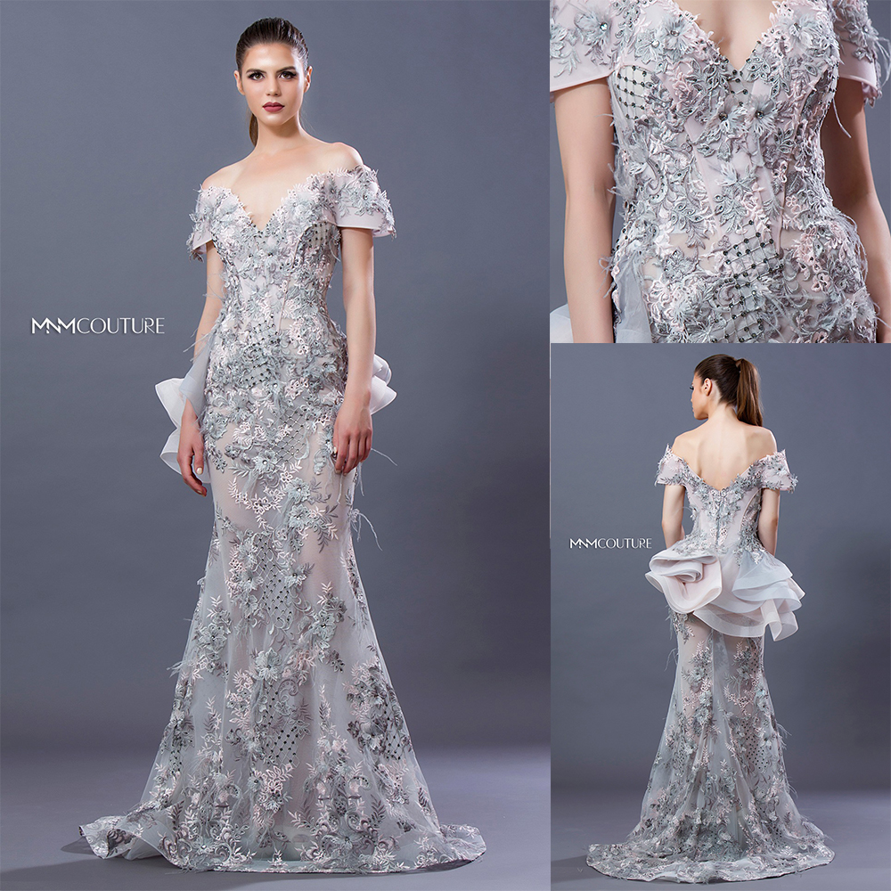 

Modest Mermaid Prom Dress Short Sleeve Off Shoulder Applique Plus Size Crystal Feather Party Dress Sweep Train robes de soirée, Customize