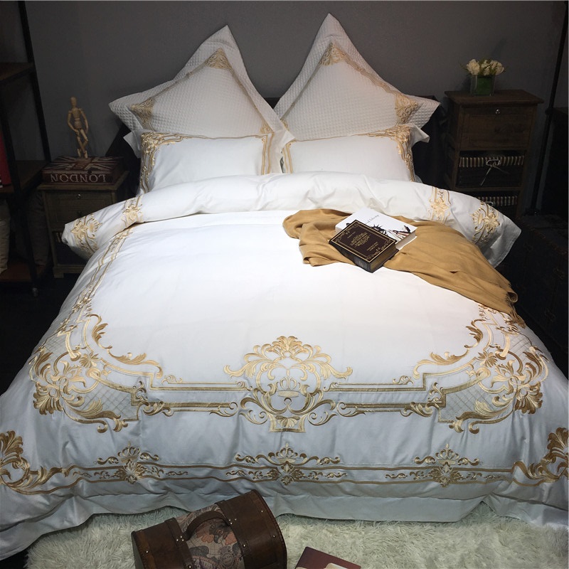 

White Golden Embroidery 80S Egyptian Cotton 4/6pcs Court Royal Bedding Set Duvet Cover Bed sheet Bed Linen Pillowcases