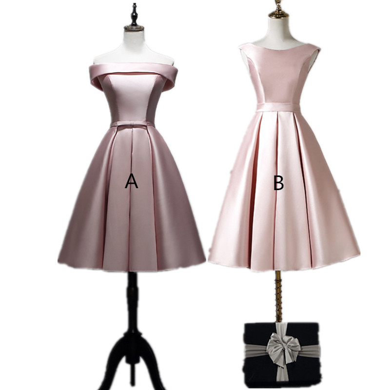 

Blush Pink Satin Short Bridesmaid Dresses Lace Up 2020 Knee Length Party Dress Robe De Soiree, White;pink