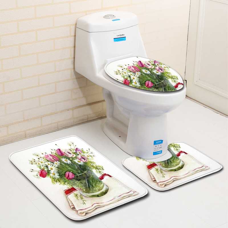 

Nordic 3D Plant Toilet Bath Mat Carpet Rug Sets Bathroom Shower Room Carpets Flannel Anti Slip 3 Pieces Bath Mat Sets