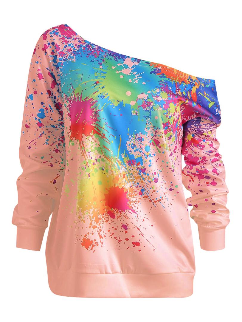 

LANGSTAR Women Spring Long Sleeve Casual Sweatshirt Paint Skew Neck Sweatshirt Female Pullover Loose Streetwear Hoodie, Black