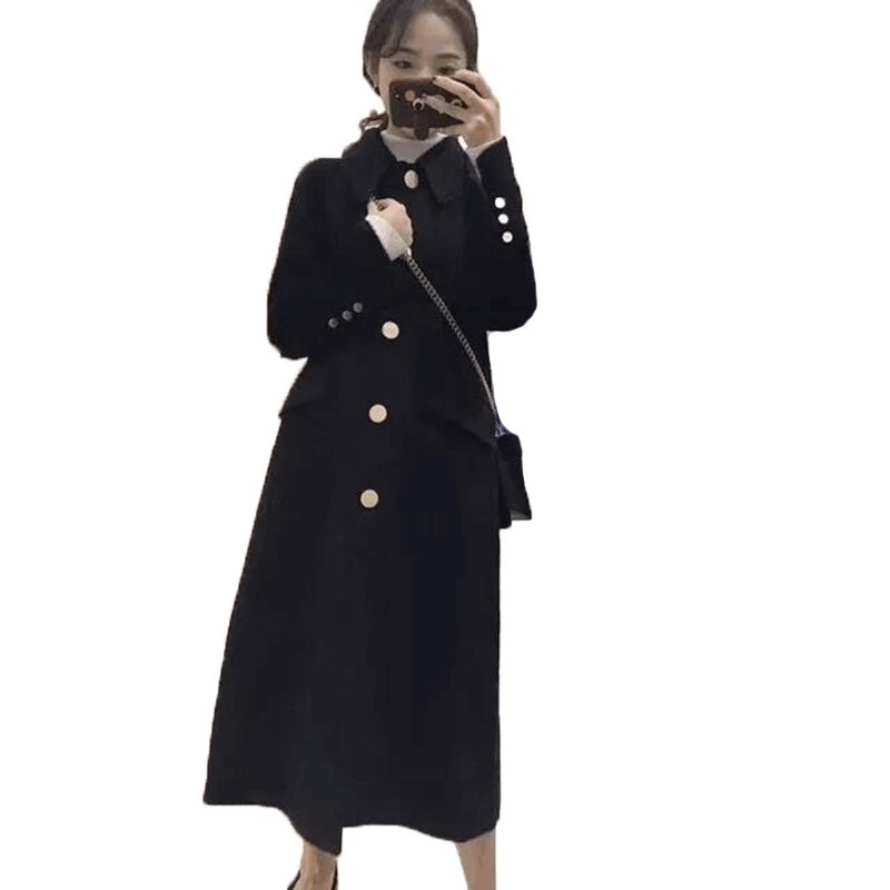 

2019 new women' autumn and winter woolen coat women long-sleeved black large size plus long woolen Veste Femme winter coat P849