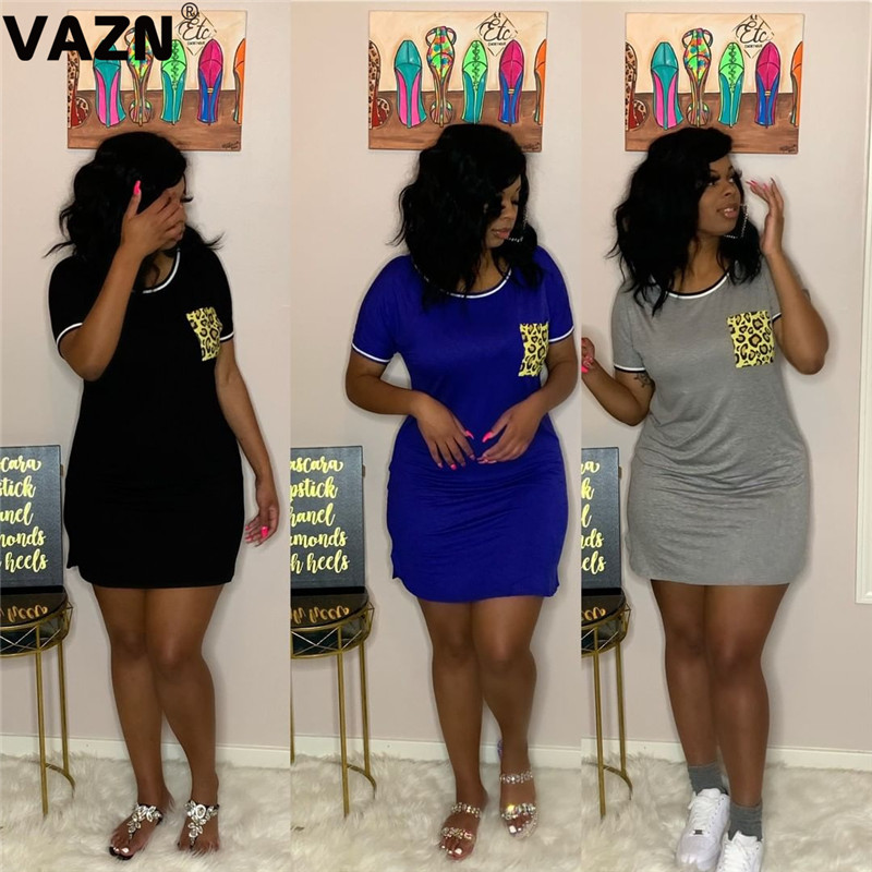 

VAZN Casual fashion 2020 sum mer sexy lady 4 colors mini dress short sleeve O-neck sheath dress young girl popular mini, Black