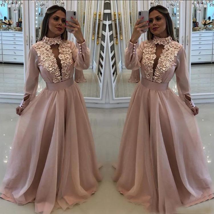 

Sexy New Blush Pink Prom Dresses Long Sleeves With Flowers High Neck Keyhole Crystal Beads Organza Formal Party Dress Evening Gowns Wear EF2, Light yellow