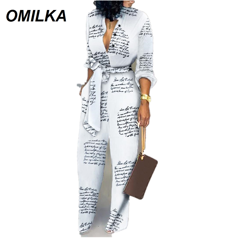 

OMILKA Letter Camo Leopard Printed Rompers and Jumpsuits 2019 Autumn Winter Women Long Sleeve V Neck Bandage Club Party Overalls
