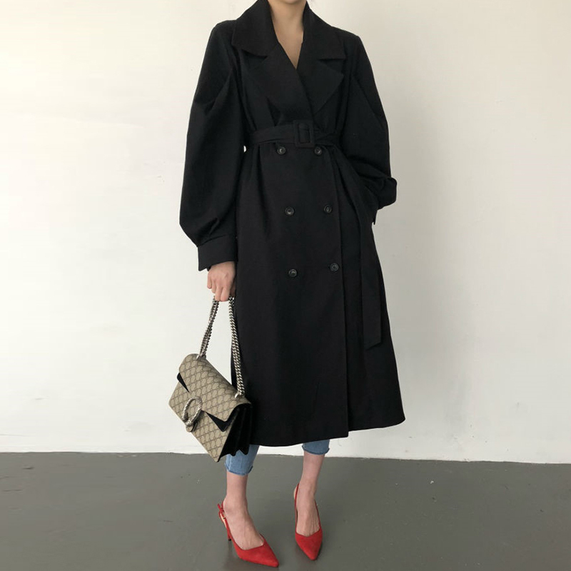 

CHIC Autumn Clothing Retro British Style Loose Suit Collar Trench Coat Women' Elegant Double-breasted Windbreakers Sim Overcoat, Black