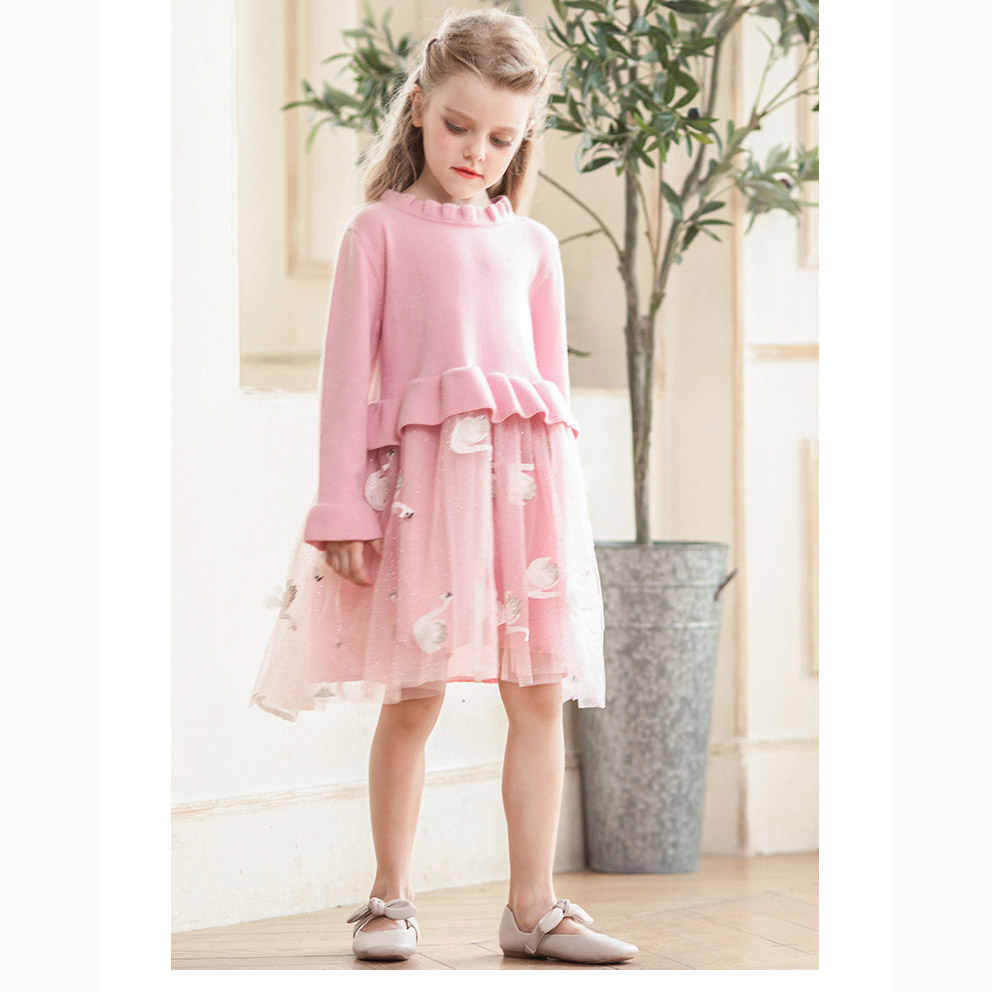 

Kids Luxury Dress Girls Brand Knitted Mesh Puff Princess Dress Childrens Swan Print Skirt Solid Color Lace Dresses 2019 Hot Selling, Pink