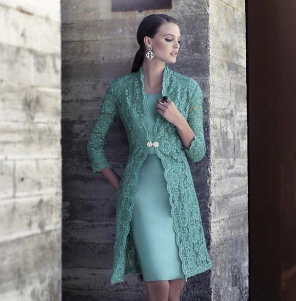 

Elegant 2019 Carla Ruiz Stain Knee Length Mother Of The Groom Dresses With Lace 3/4 Long Sleeve Jacket Mother Bride Dress