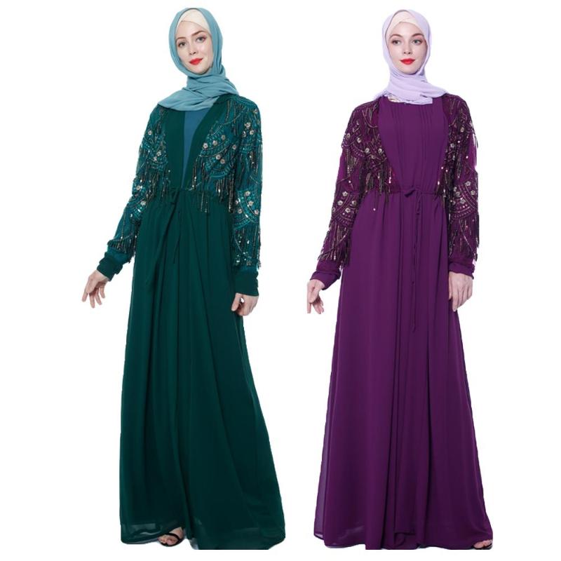 

Ramadan Women Muslim Open Cardigan Islamic Jilbab Kaftan Kimono Prayer Turkish Vintage Sequin Tassel Casual Prayer Dresses Arab