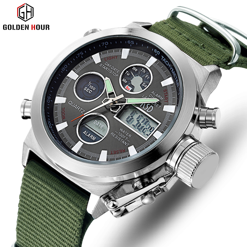 

Top Brand GOLDENHOUR Men Watch Men Quartz Sport Watch Relogio Hombre Canvas Strap Army Military Male Clock Relogio Masculino, Black