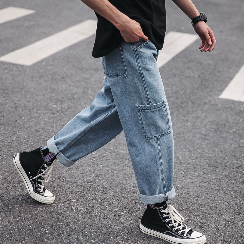 

Spring and autumn 2020 Fashion Casual teenagers denim jeans student couple Korean loose bf daddy pants casual wild overalls, Blue