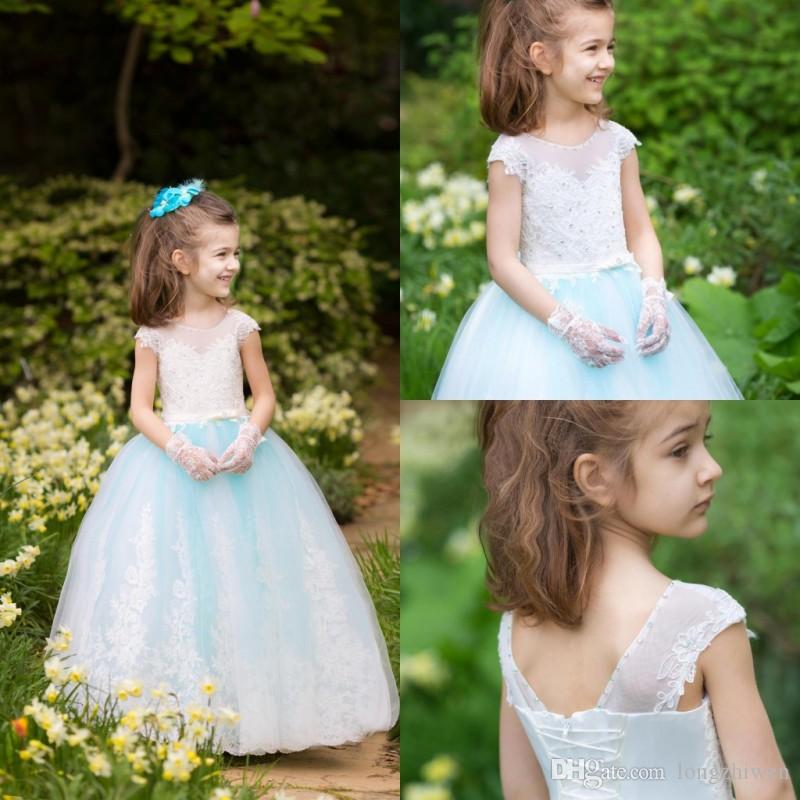 

2020 Cute Flower Girls Dresses Jewel Short Sleeve Appliques Rhinestone Lace A Line Prom Dresses Knee Length Kids Formal Wear774, Custom made from color chart