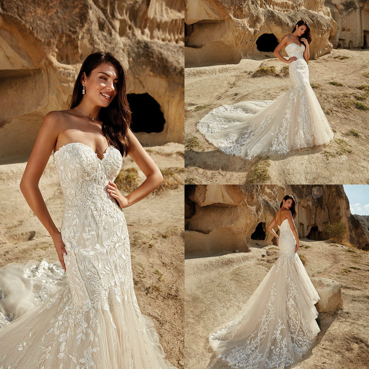 Eddy K Robes De Mariée Luxueuses Chérie Bouton Retour Robes De Mariée Sur Mesure Dentelle Appliques Balayage Train Sirène Robe De Soirée