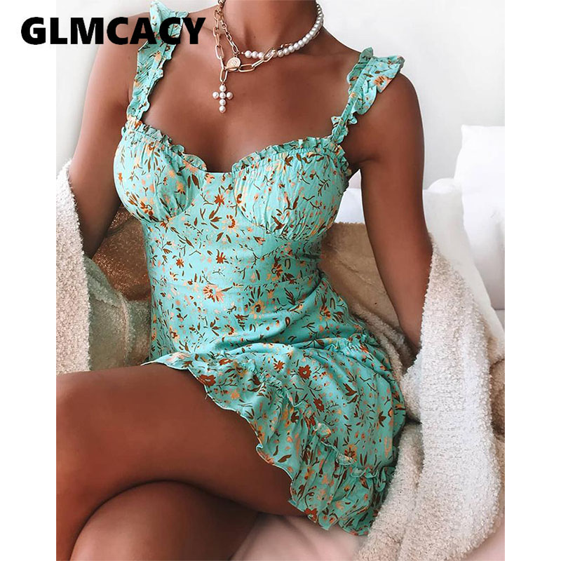 

Floral Print Ruffle Trim Dress Women Sleeveless Bohemian Style Holiday Mini Dresses, Turquoise