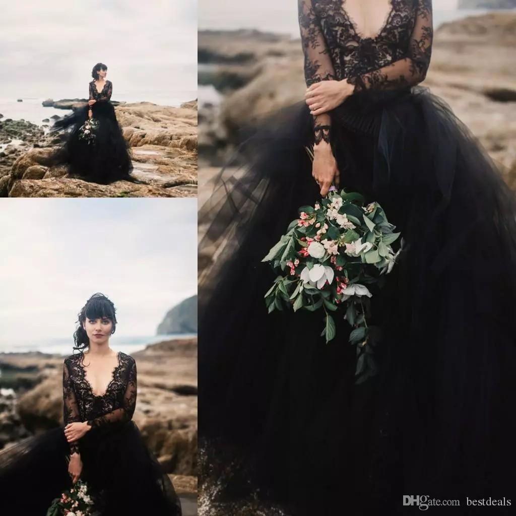 

Vintage Black Bohemia Wedding Dresses 2020 Sexy V-neck Illusion Lace Long Sleeves Backless Bridal Dress Beach Boho Wedding Gowns, Ivory