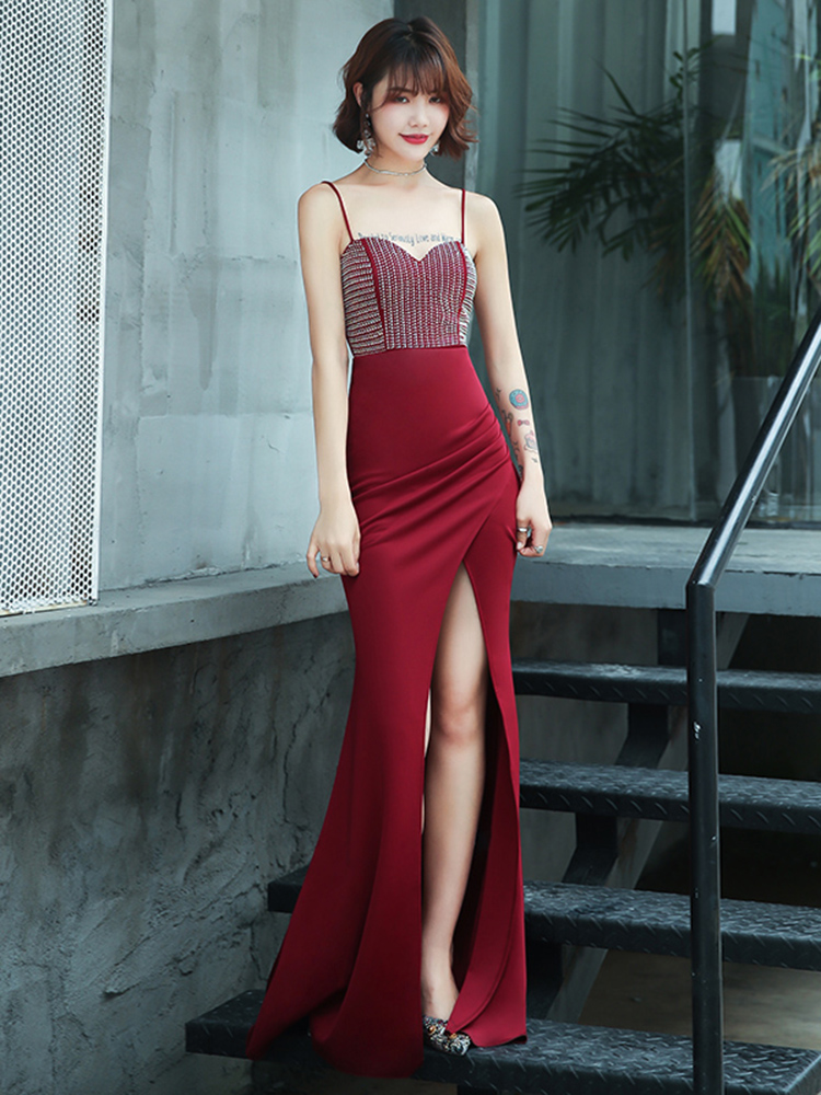 

Green Evening Dress Floor Length Slim Sexy Split Spaghetti Straps Formal Banquet Party Gown Vestido De Festa Longo