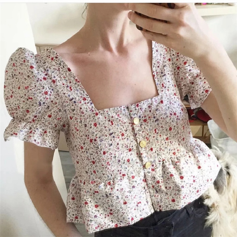 

Summer elegant print blouse shirt women 2019 Retro Sexy square collar back tie ruffled puff sleeve with blouse Top Shirt women, Pink