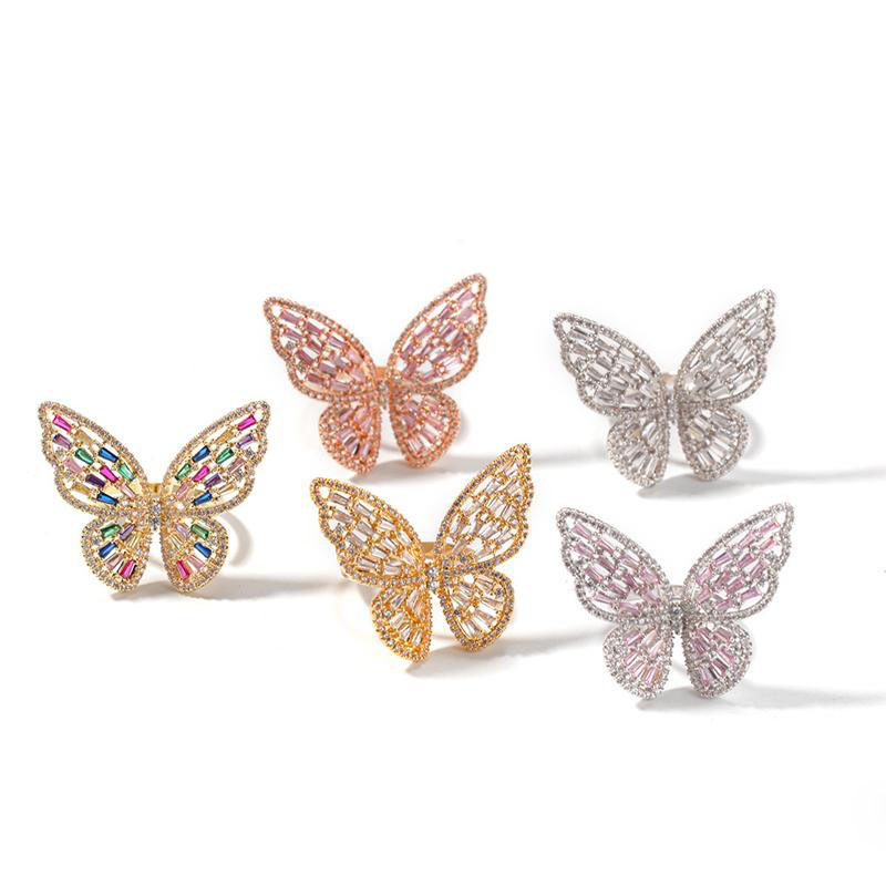 

2020 New Ring Gold Plated Full CZ Iced Out Bling Big Butterfly Ring Fashion Gold Filled Punk Rings for Men Women Jewelry Gift