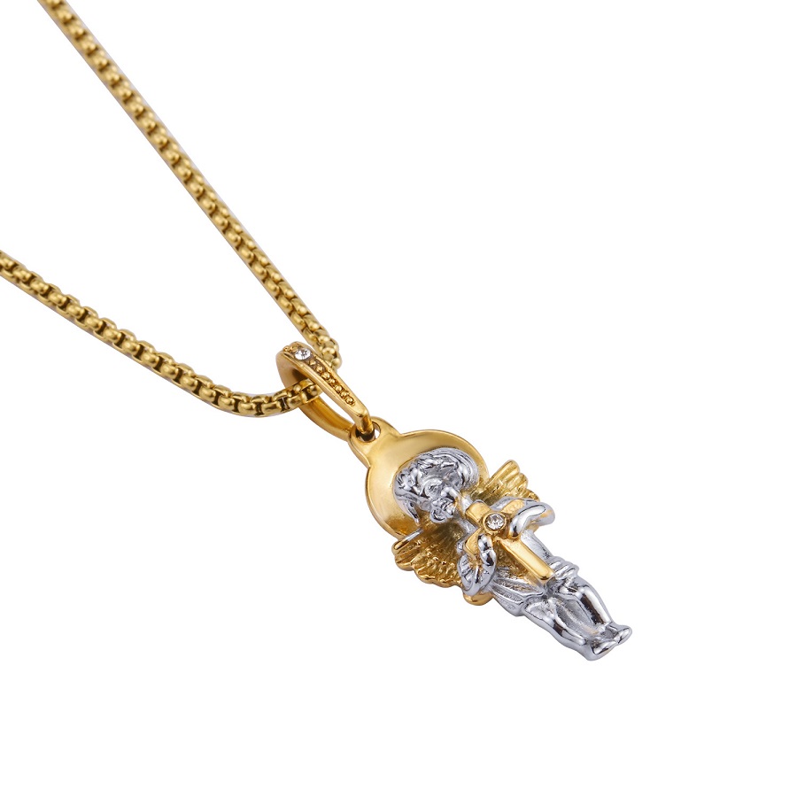 

Fashion Charm Men Women Gold Color Angel Pendant Necklaces Hip Hop Jewelry Stainless Steel 60cm Long Chain Punk Designer Necklace For Mens Gift