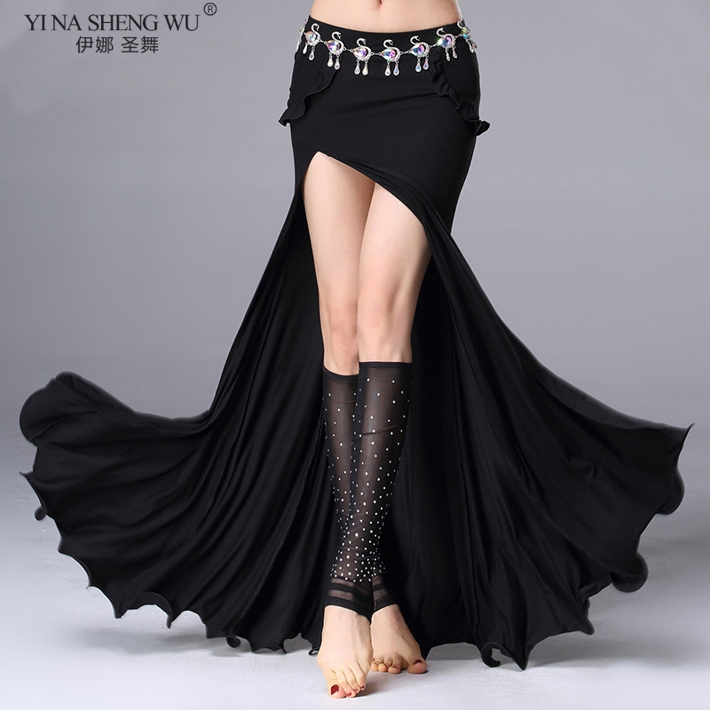 

Women Belly Dance Skirt Solid Color Oriental Dance Suit High Cut India Bollywood Unilateral Split BellyDance Long Skirt M,L,XL, 3073-black