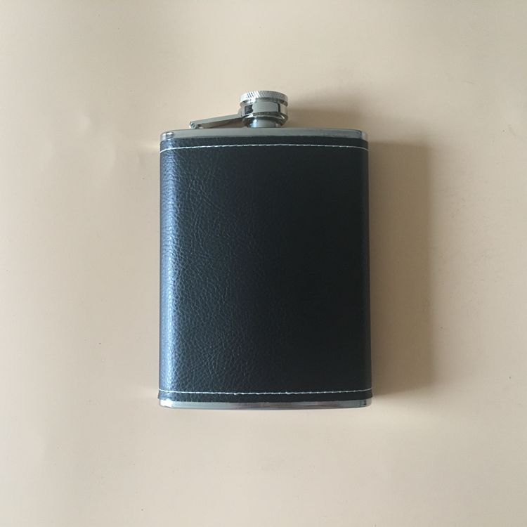 

PU leather hip flask stainless steel 8oz outdoor portable flagon black leather flask