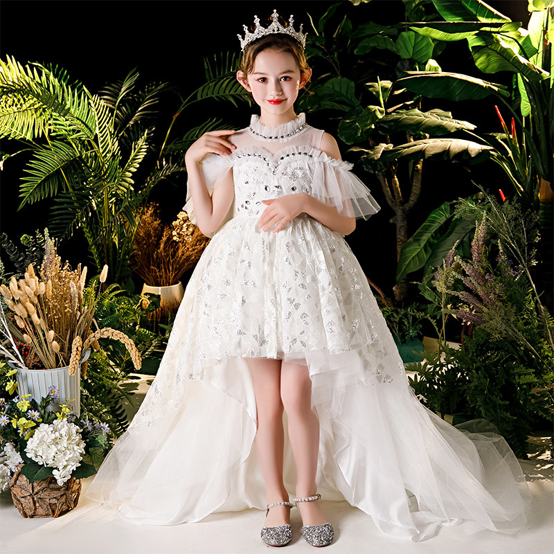 

Summer Luxury New Children Girls 3~13T Birthday Wedding Party Princess Long Tail Dress Kids Teens Host Piano Costumes Dress Wear, White tail dress