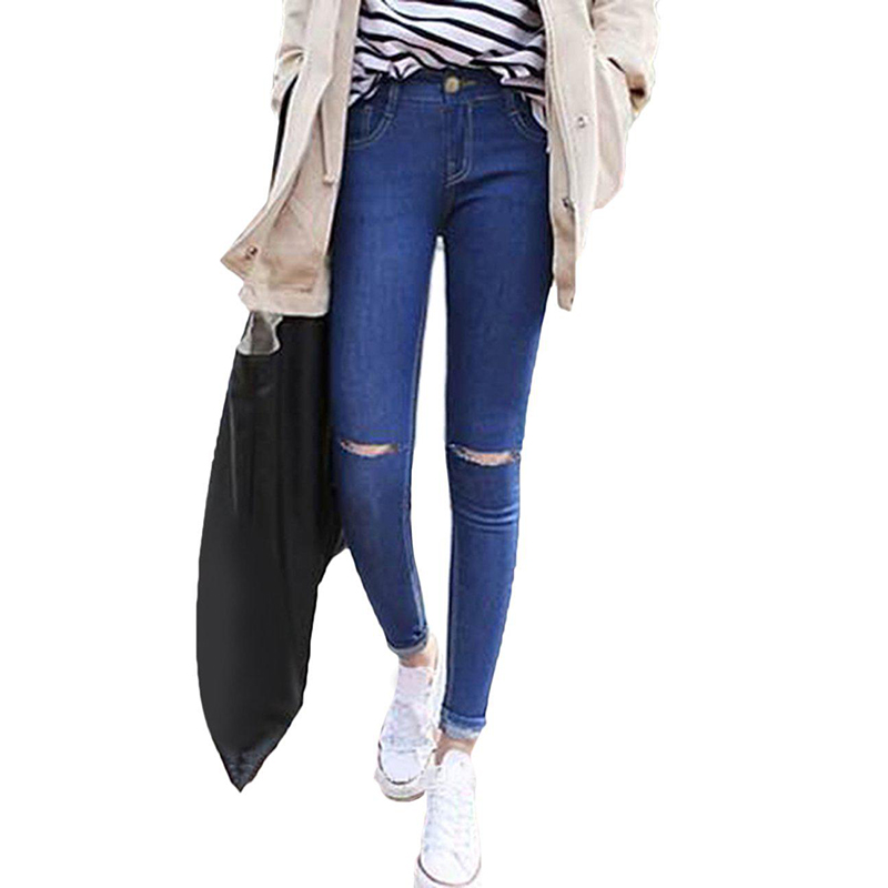 

Blue Women Jeans Mid Waist Hole Ripped High Elastic plus size Stretch Jeans Casual Washed Denim Skinny Pencil Pants 8L0979, As pic