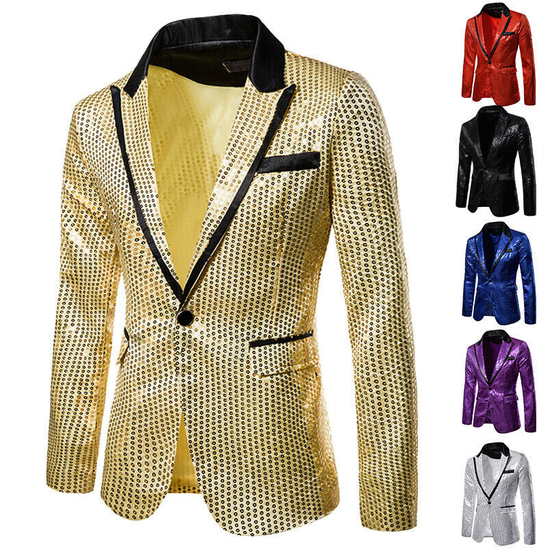 

Drop Shipping Men Shining Suit One Button Blazer Coat Tops Party Cocktail Sequin Jacket Men Large Size Dance Sequin Blazer Suit, Blue