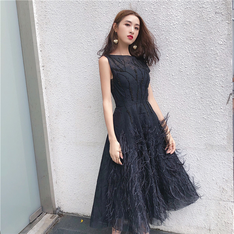

new arrive black white midi tank dress beading tassel elegant women party dress high quality