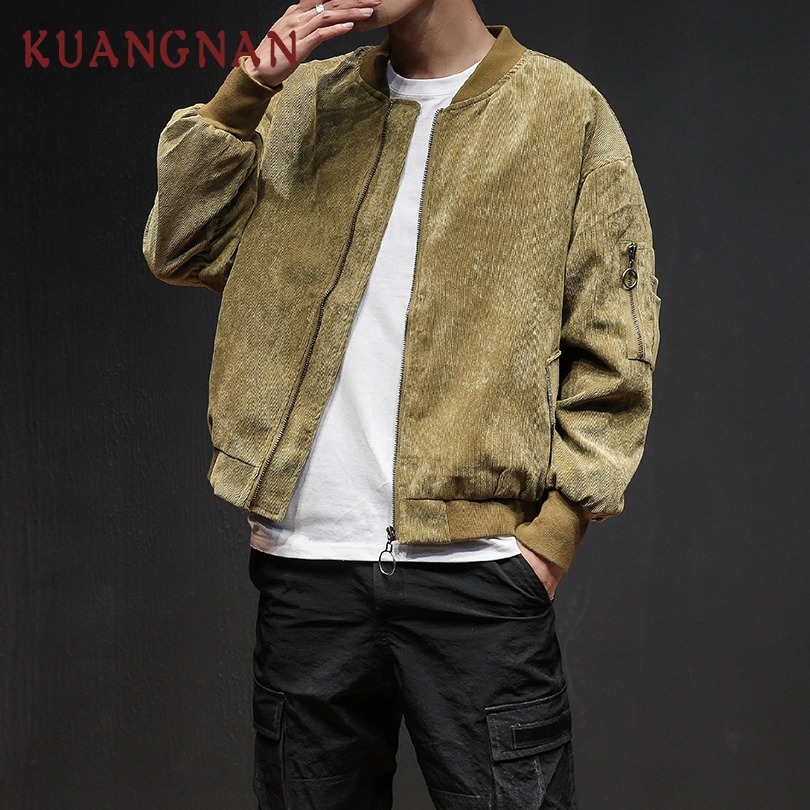 

KUANGNAN Hip Hop Corduroy Men Jacket Coat Oversized Japanese Streetwear Men Jacket Coat Hiphop Windbreaker 2018, Black