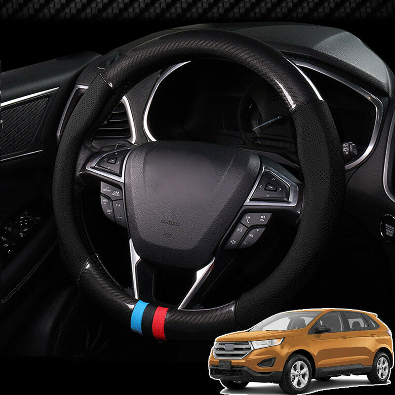 Pour Ford Edge Couvre volant anti-dérapant noir en fibre de carbone noir cuir PVC