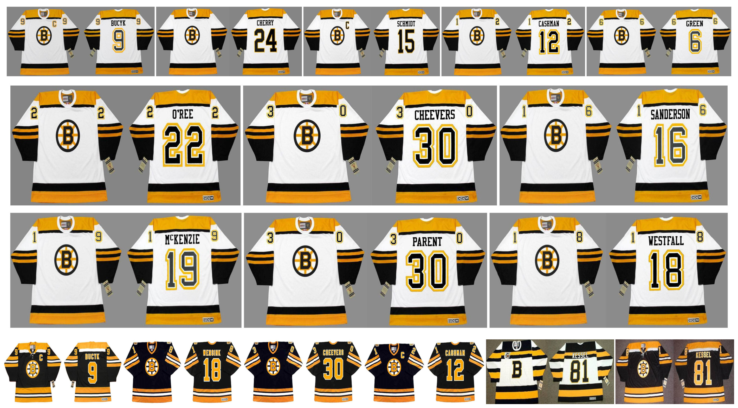 

Retro Boston Bruins Jersey 19 JOHNNY McKENZIE 18 ED WESTFALL 30 Bernie Parent 30 GERRY CHEEVERS 16 DEREK SANDERSON WILLIE O'REE CCM Hockey, As pic