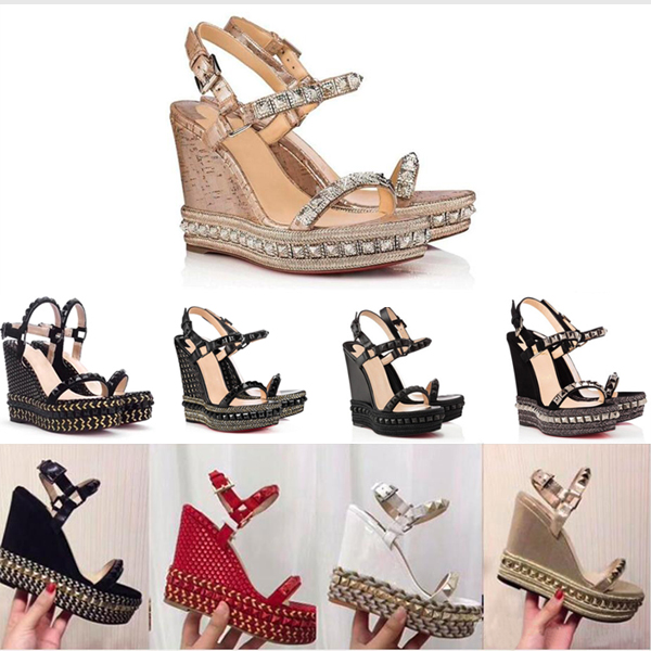 

Designers Red Bottom platform high heels shoes Wedge Sandals Espadrille shoes Women High heel Summer sandals silver glitter Leather sandal, Color 13
