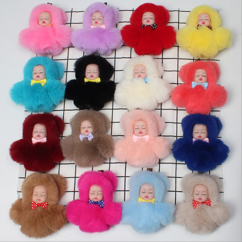 Mini Plush Key Rings Pompon Cute Baby Sleeping Doll Ball Kids Dolls keyring Keychain Soft Stuffed Toys Holder Charm For Girls-image-491490885