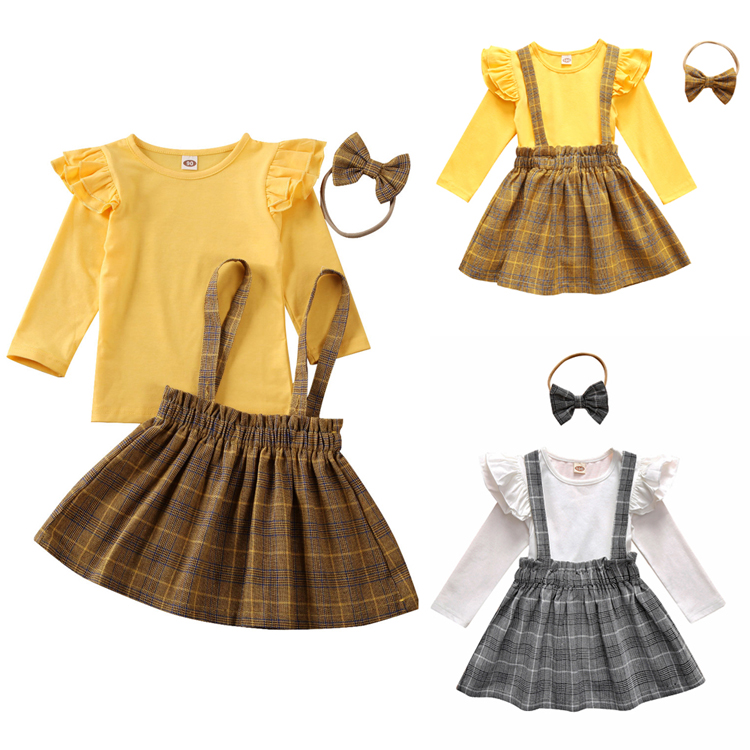 

Newborn Infant Baby Girl Clothes Ruffle Sleeve Tops T-shirts Plaid Strap Dress Suspender Skirt Headband 3PCS Kids Outfits Sets, Mix colors