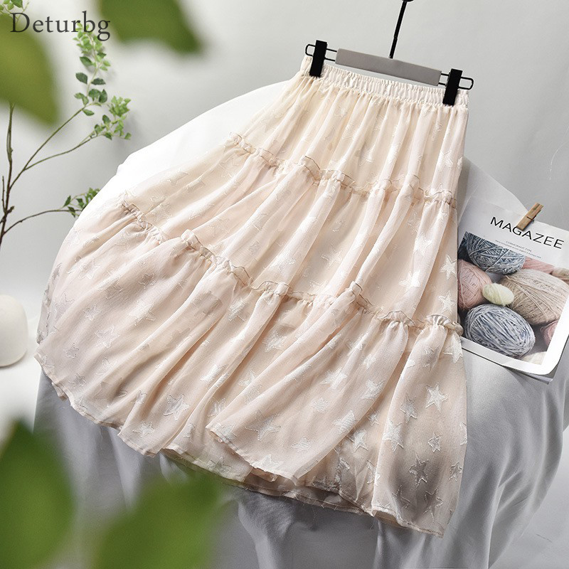 

Women's Sweet Lace Patchwork Pentagram Skirt with Liner Ladies Korean High Waist Pleated Midi Skirts Saias 2020 Spring New SK514, Beige