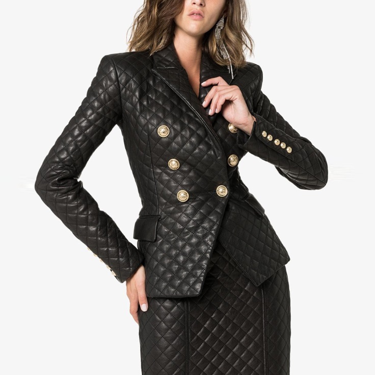 

Premium New Style Top Quality Original Design Women's Classic Quilted Leater Blazer Jacket Metal Buckles Slim Coat, Black