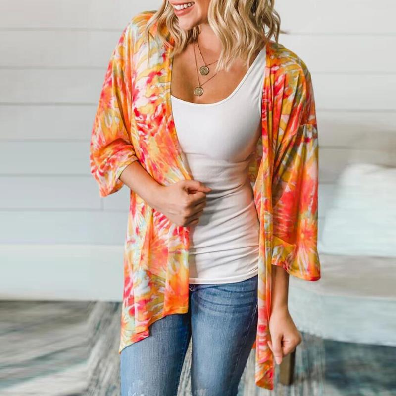 

Women Print Swim Tunic Chiffon Beach Dress Kimono Long Cardigan Blouse Shawl Swimwear Cover-Ups Tops Outwear Pareo Mujer Smock, Orange