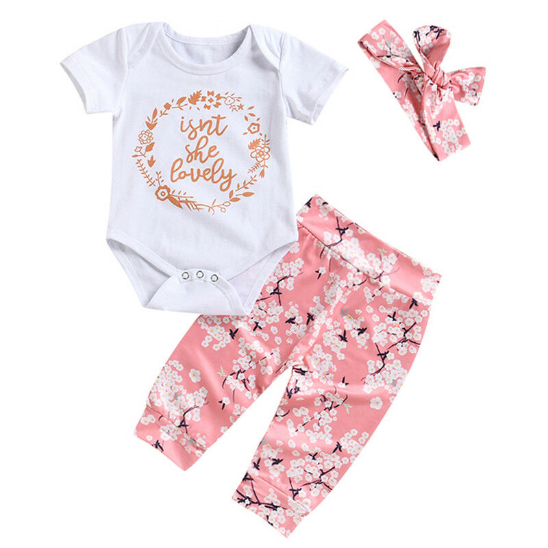 

3pcs Newborn Baby Girl Flower Romper Short Sleeve Bodysuit Pants Headband Clothes 0-24M, As pic
