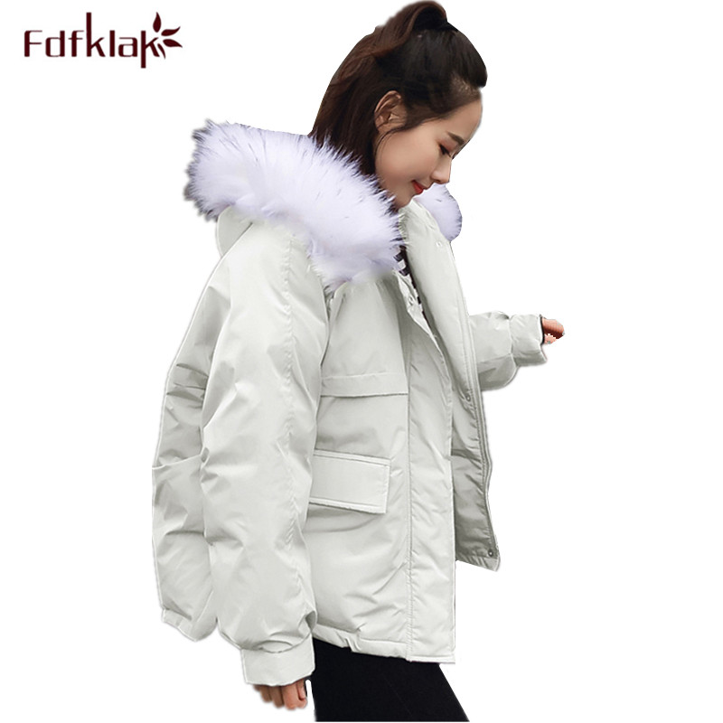 

Fdfklak Korean winter coat women hooded short jacket female outerwear coats thick cotton jacket parka woman chaqueta mujer, White