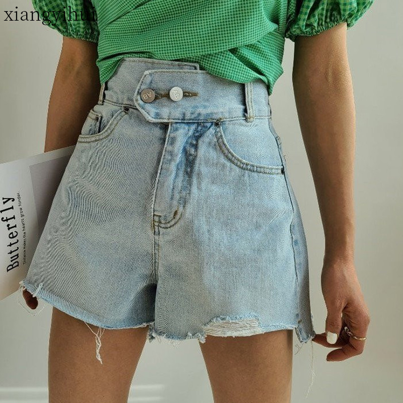 

Blue Sexy Frayed Denim Shorts Two Button Closing Women Jeans Short Pants Summer High Waist Slim Fit Vintage Shorts Streetwear