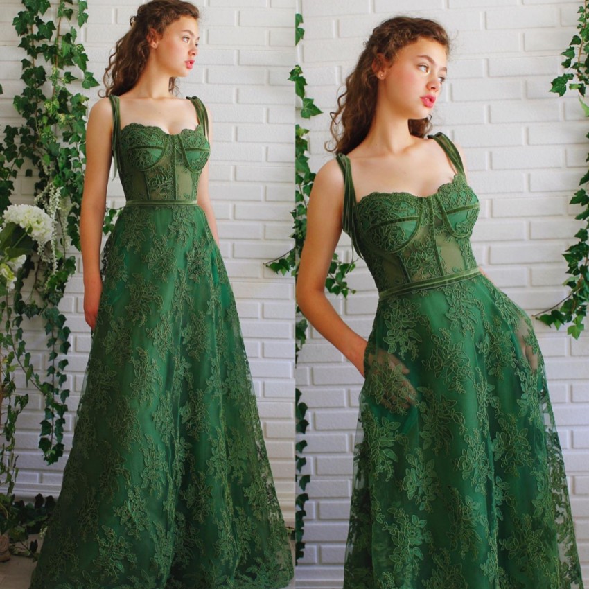 

Charming Dark Green Lace Prom Dresses With Pockets Spaghetti Straps Neck A Line Formal Dress Floor Length Evening Gowns, Pink