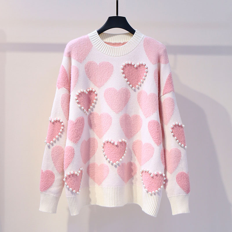 

Women Knitted Sweater and Pullovers Oneck Pearls Beading Sweaters Sweet Heart Pull Jumpers Long Sleeve Kawaii Pull, Pink