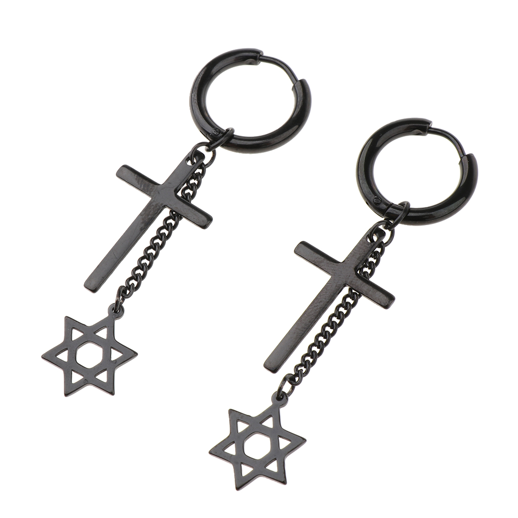 

Black Stainless Steel Cross Hexagram Star Charms Drop Earrings Punk Men