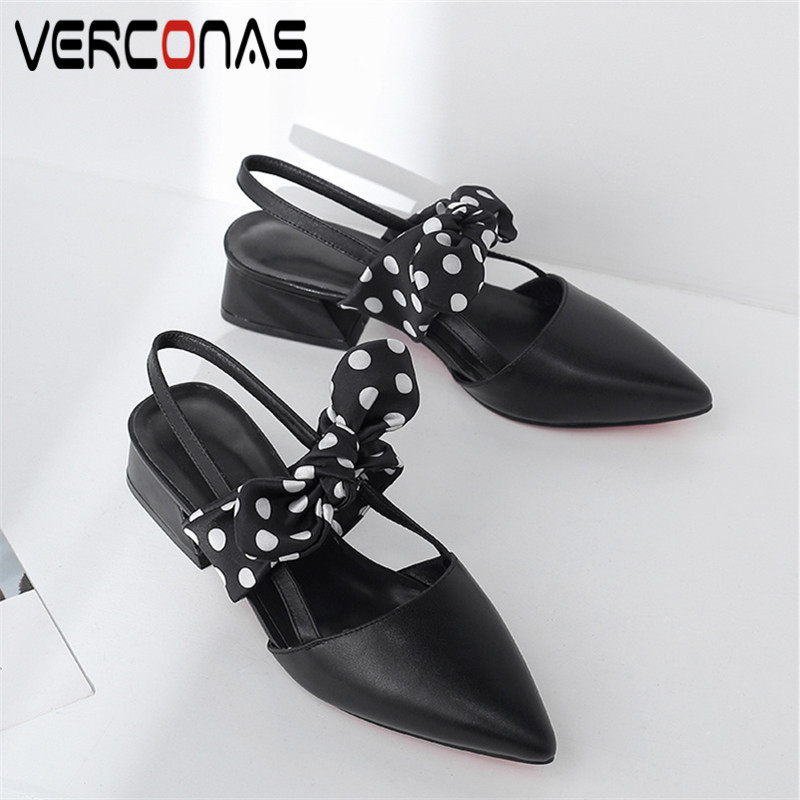 

VERCONAS 2020 Woman Pumps Design Woman Sandals Cow Leather Summer Butterfly Knot Pointed Toe Square Heels Shoes, Black
