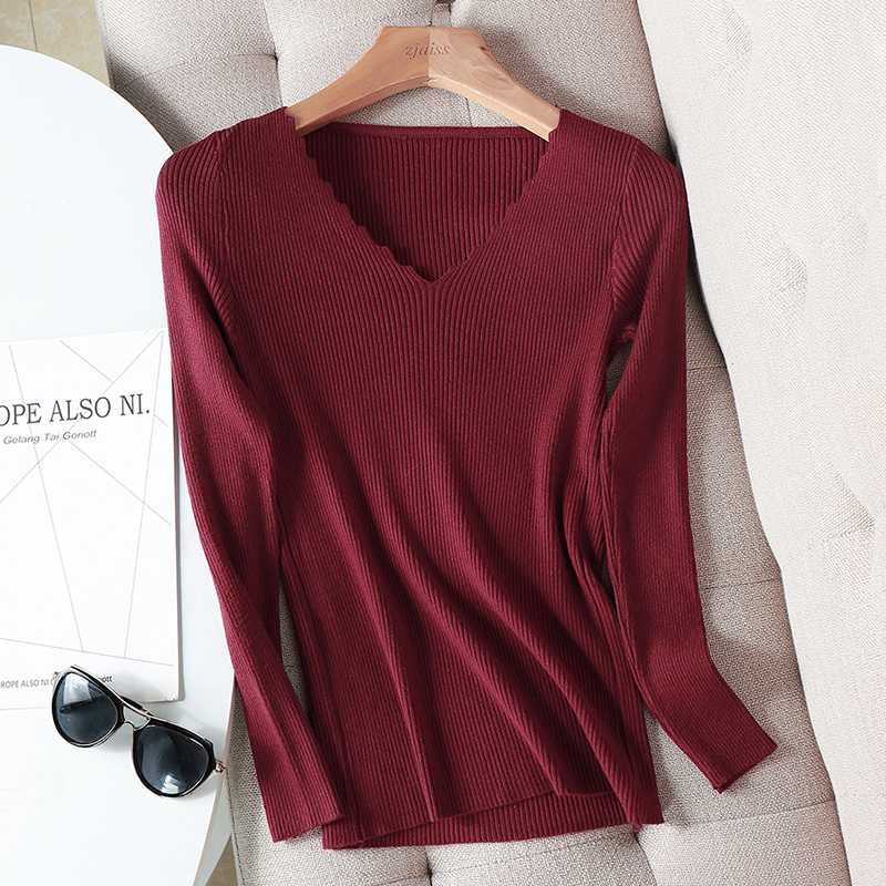 

2020 basic wavy v-neck solid autumn winter Sweater Pullover Women Female Knitted sweater slim long sleeve badycon cheap, Black