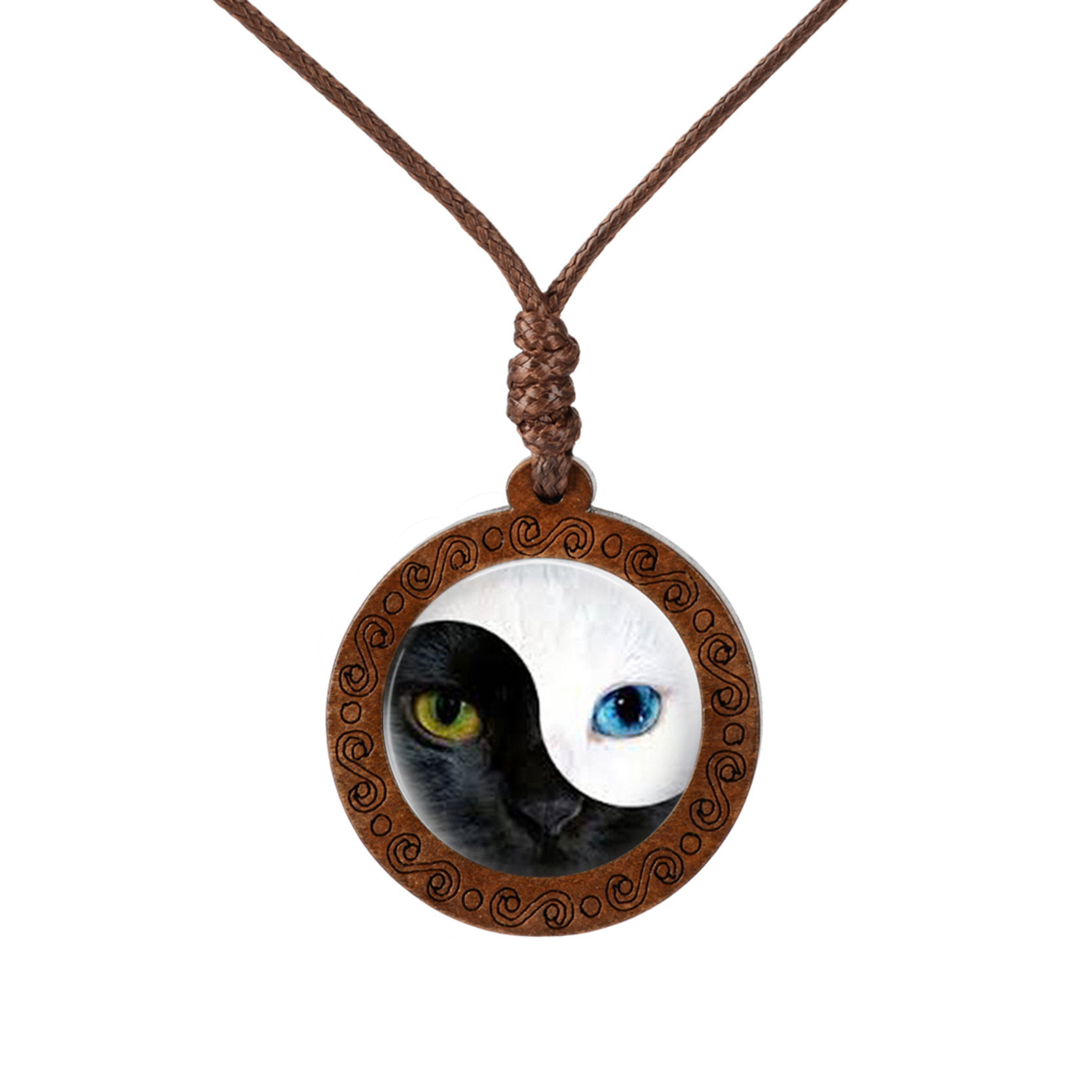 

New Arrival , Glass Cabochon, Wooden Pendant, Ying Yang Necklace, Steampunk Style, Retro Charm, Necklace, Jewelry, Gift For Men And Women